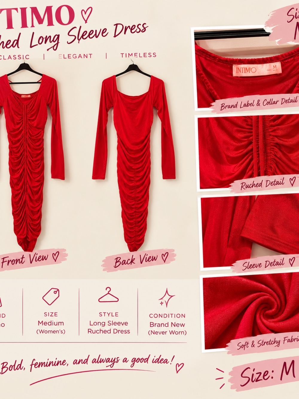 Ninbo Red Long-Sleeve Ruched Midi Dress